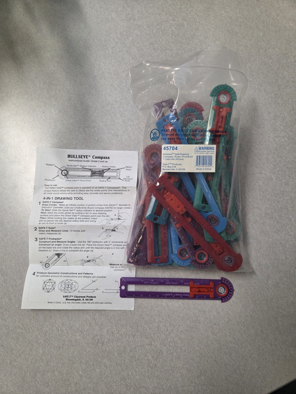 Lot 40 Bullseye Compass Drawing Tool Set in Purple, Red, Teal Math Teacher